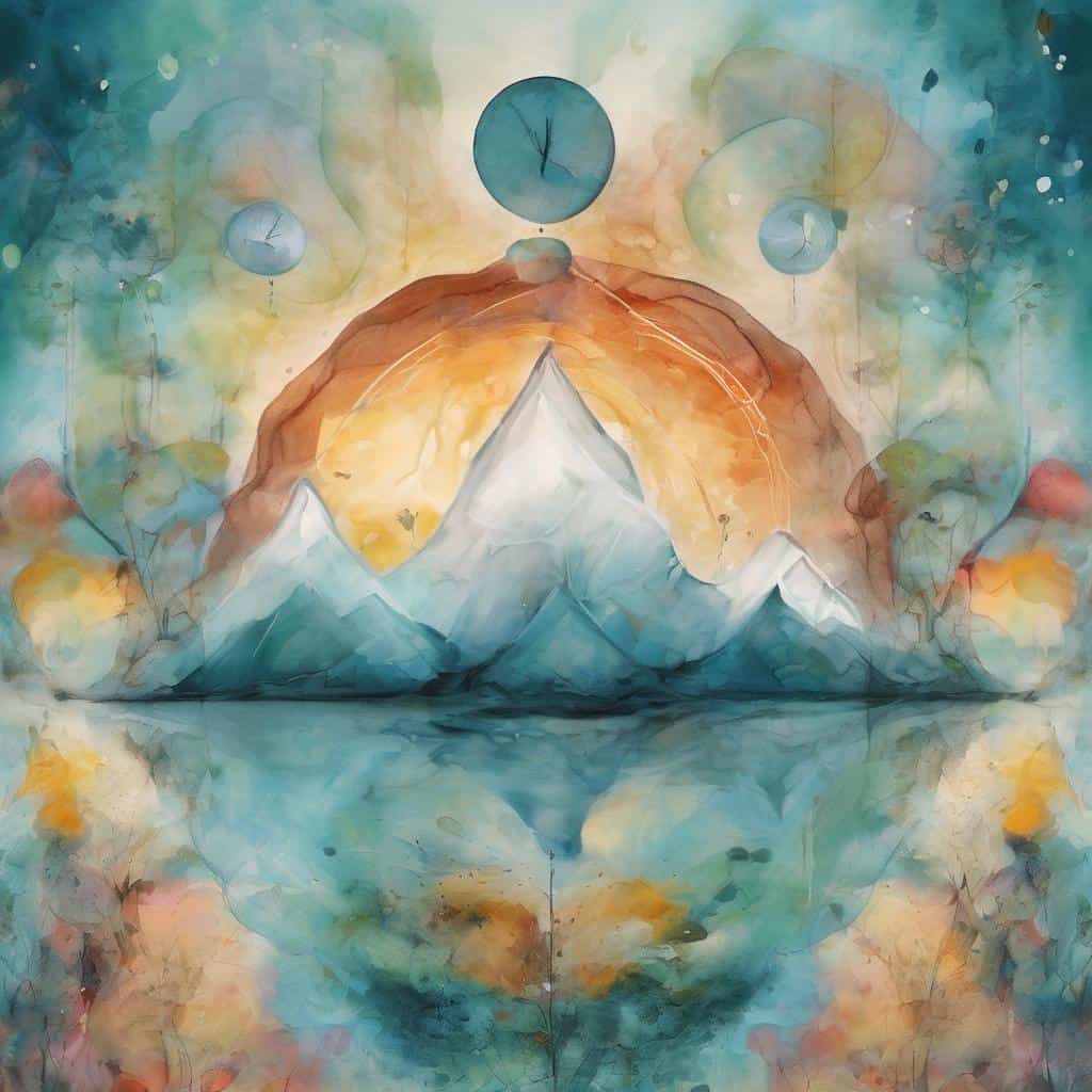 Ουράνια ενέργεια και αυτοπειθαρχία, δύναμη και ισορροπία, με ζωηρά χρώματα και αφηρημένη τέχνη.