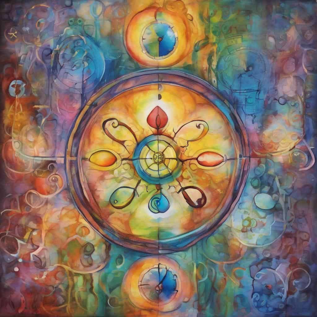 Χαρακτικά ρολόγια με πολύχρωμο αφηρημένο φόντο, σύμβολα και ιδέες για αυτοπειθαρχία και δύναμη.