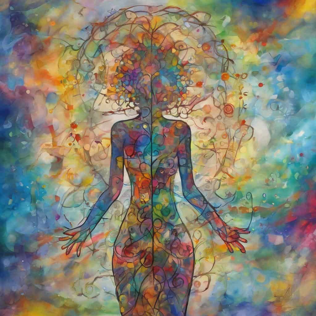 Απρόσμενη γυναικεία φιγούρα σε πολύχρωμο, αφηρημένο στυλ με έμφαση στην αυτοπειθαρχία και την εσωτερική δύναμη.