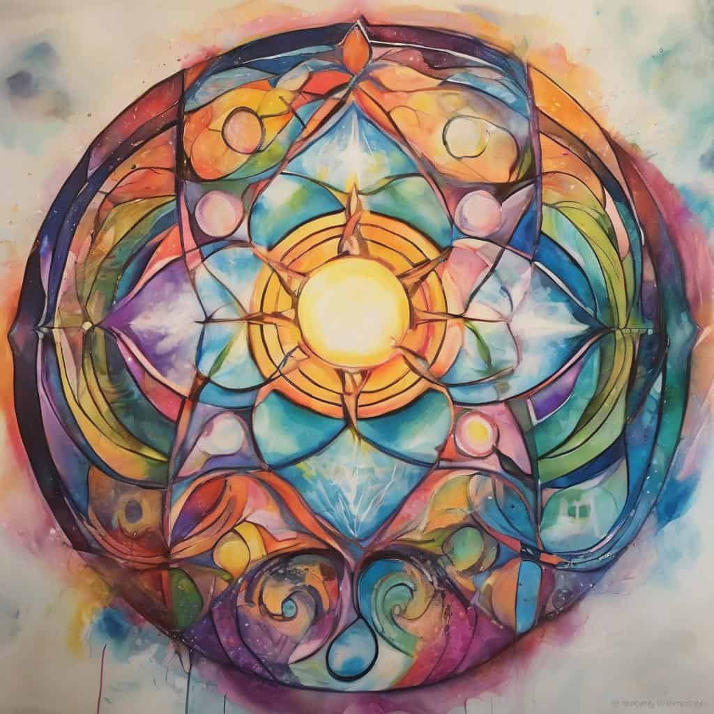 Πινάκας με πολύχρωμο αφηρημένο σχέδιο, σύμβολα πνευματικής αυτοπειθαρχίας και δύναμης.