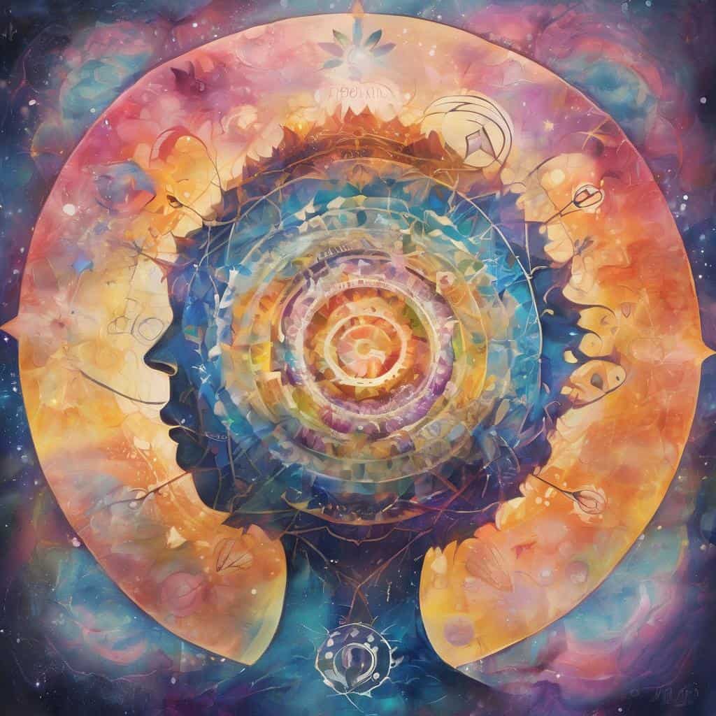 Δύο ανθρώπινες φιγούρες σε ψυχική ενότητα και αυτοπειθαρχία με φωτεινά, αφηρημένα χρώματα και κυκλικές ενέργειες.